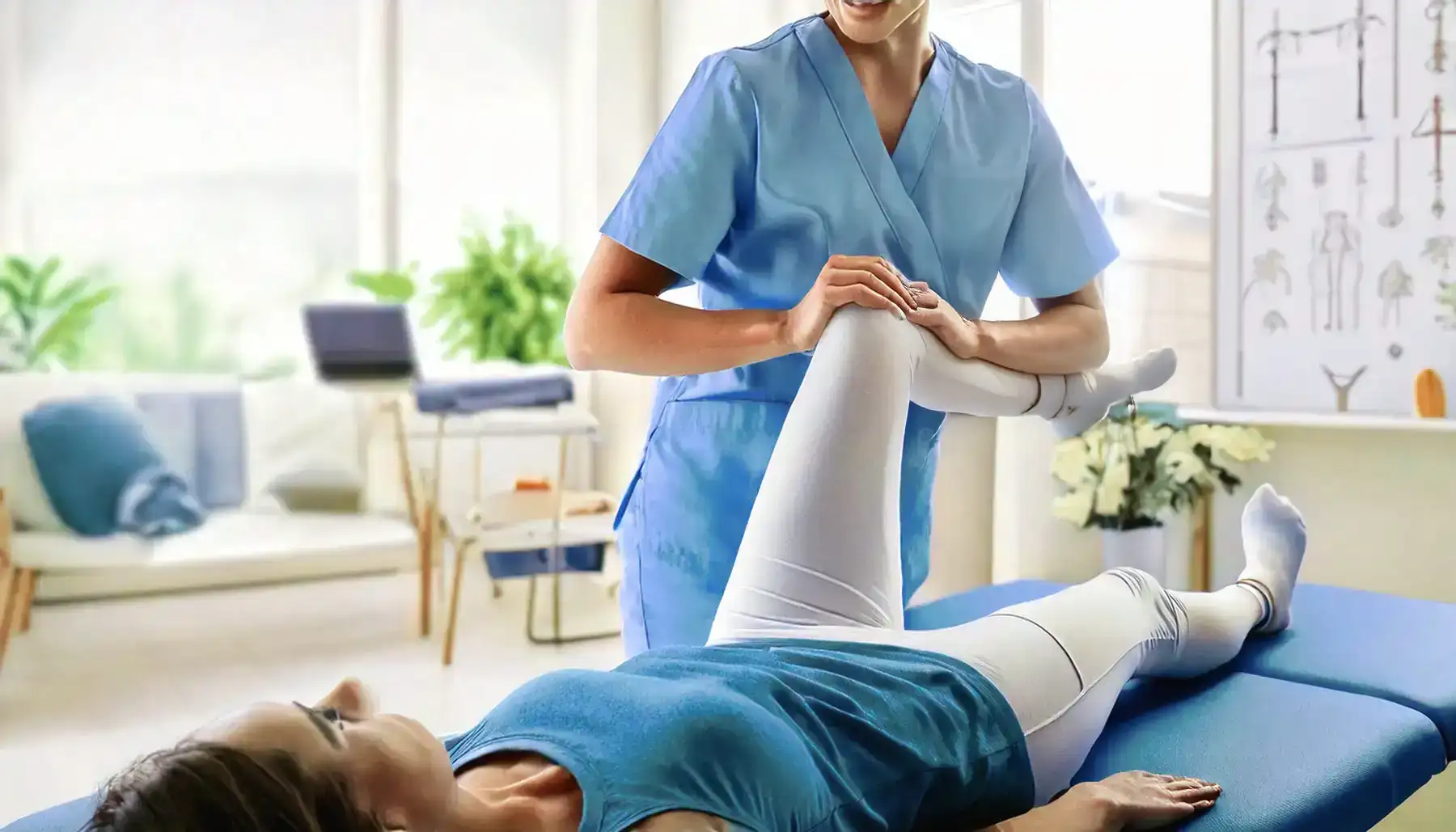 Bei einer Physiotherapie-Behandlung in einer hellen Praxis hält die Therapeutin das angewinkelte Bein der auf einer liegenden Patientin in beiden Händen.